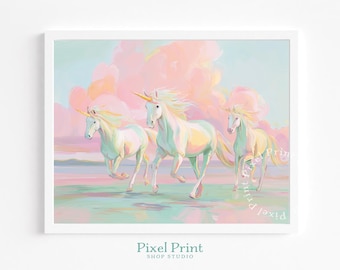 Dreamy Unicorn Gallop in Pastel Gold - Children's Digital Art, Playful Nursery Wall Decor, Fantasy Printable Art, Fairytale Instant Download