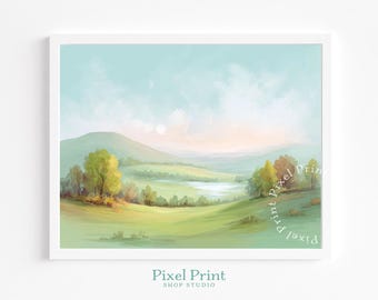 Paisaje de granja en tonos pastel imprimible: prados y colinas suaves, decoración cottagecore, escena pastel cálida, descarga de acuarela, arte de pared acogedor