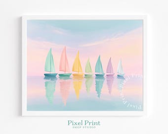 Printable Coastal Sailboat Art, Pastel Colored Sailboats on Water, Soft Watercolor Beach Wall Decor, Children's Room Digital Art Download