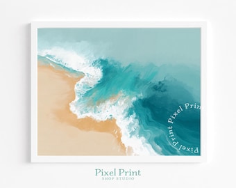 Aerial Seascape Printable Wall Art - Calming Coastal Beach Decor, Modern Minimalist Ocean View, Turquoise Teal Waterscape Digital Download