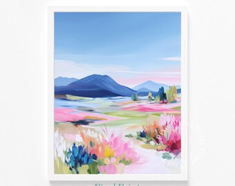 Printable Spring Meadow Scene - Pastoral Landscape Art, Cottagecore Soft Pastel Flowers, Cheerful Floral Wall Decor, Digital Nature Download