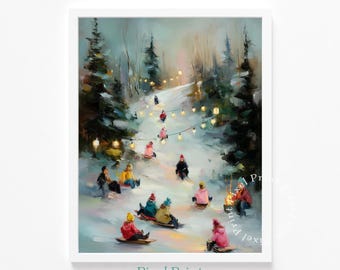 雪の丘をそりで滑る子供たち - 心地よい冬の風景、お祝いのホリデーアート、常緑樹、光るランタン、印刷可能な冬の壁飾り