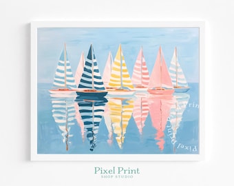 Pastel Sailboat Row Painting on Calm Waters - Playful Coastal Wall Art, Serene Nautical Scene, Beachy Pastel Decor, Printable Art Download