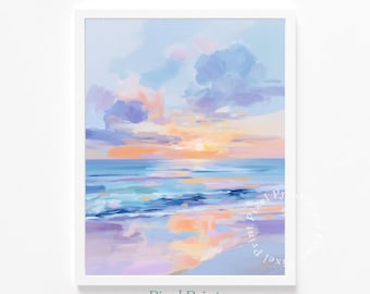 Pastel Ocean Sunset Printable - Serene Coastal Seascape Art, Gentle Waves Painting, Calming Beach Decor, Digital Wall Art Download