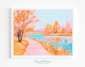 Apacible sendero otoñal imprimible junto al río: acogedor paisaje otoñal estilo cottagecore, arte pastel, árboles en acuarela suave, descarga digital instantánea.