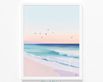 パステルカラーのビーチシーンをプリントしたアート - 穏やかな海岸の水彩画、穏やかな波と柔らかい砂の装飾、ミニマリストの海と空、デジタルダウンロード