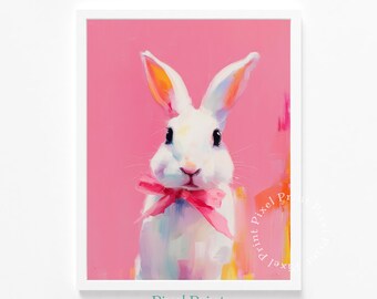 ピンクのリボンをつけた可愛い白ウサギ - パステル水彩画の保育園用アート、モダンな動物の壁飾り、印刷可能なベビールームの飾り、すぐにダウンロードできます