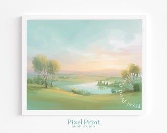 Paisaje rústico pastel con vista al lago imprimible: arte de campo tranquilo, decoración vintage cottagecore, arte mural con amanecer brumoso, descarga digital