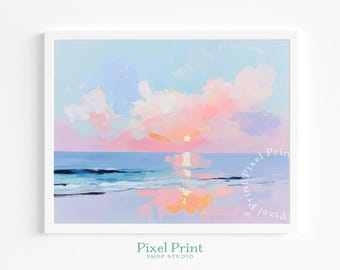 Pastel Sunset over Ocean - Soft Romantic Beach Art with Pink and Blue Clouds, Modern Pastel Coastal Decor, Calm Seascape, Printable Download