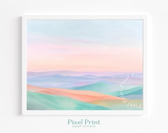 Paisaje sereno en tonos pastel: acuarela de colinas ondulantes, arte minimalista en tonos pastel, decoración suave y tranquila, cielo al atardecer imprimible, descarga digital