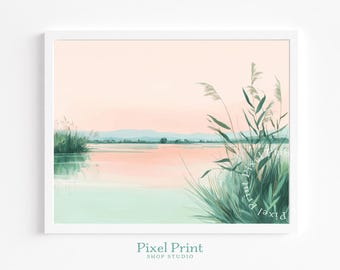 Paisaje de lago en tonos pastel serenos imprimible: acuarela suave, agua verde menta y cielo rosa, arte mural minimalista cottagecore, descarga digital