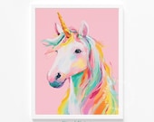 Unicorn Nursery Printable Wall Art, Pastel Rainbow Unicorn Illustration, Playful Children's Room Decor, Digital Download, Cute Kids Art