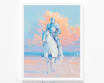 Fantasy Knight Painting Pastel Sunset - Printable Noble Warrior Art, Medieval Romance Wall Decor, Soft Pastel Digital Download