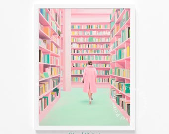 Printable Pastel Library Scene - Cozy Minimalist Art with Woman in Pink Coat, Cute Tempera & Gouache Print, Modern Wall Decor Download