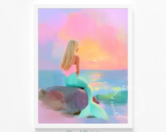 Sirena costera al atardecer - Pintura digital romántica, cola serena en agua pastel, arte playero tranquilo, decoración de pared imprimible, descarga instantánea