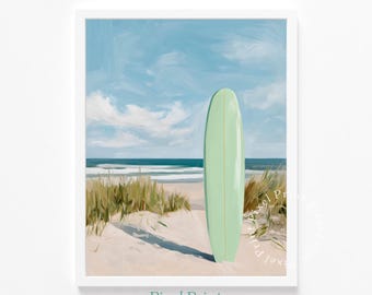 Mint Green Surfboard with Dunes Printable Art - Beachy Summer Coastal Decor, Calm Ocean Scene, Minimalist Pastel Wall Art, Instant Download
