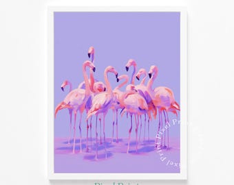 May include: A framed print featuring a group of pink flamingos against a lavender background. The artwork showcases the birds in a stylized, artistic manner, with long legs and curved necks. The print is set in a white frame, with the text "Pixel Print Shop Studio" at the bottom.