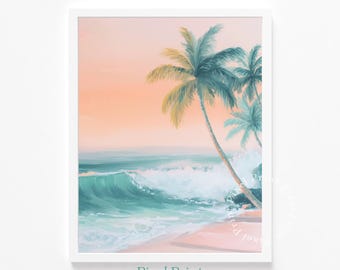 Tropical Coastal Wall Art: Printable Pastel Beach Scene, Turquoise Wave and Palm Trees, Beachy Serene Decor, Digital Seaside Art Download