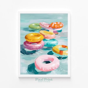 May include: A colorful painting of several inflatable pool floats in a pool. The floats are various colors, including pink, yellow, orange, green, and blue. The artwork has a summery, playful vibe.