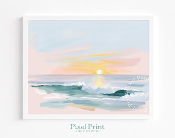 Pastel Sunrise Over Ocean Printable - Calm Coastal Wall Art, Tranquil Watercolor Beach Scene, Modern Farmhouse Decor, Digital Art Download