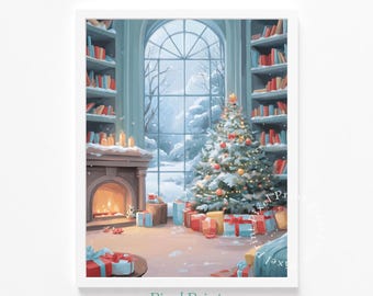Impression de cheminée de bibliothèque de Noël – Décoration des Fêtes Cottagecore (téléchargement numérique)