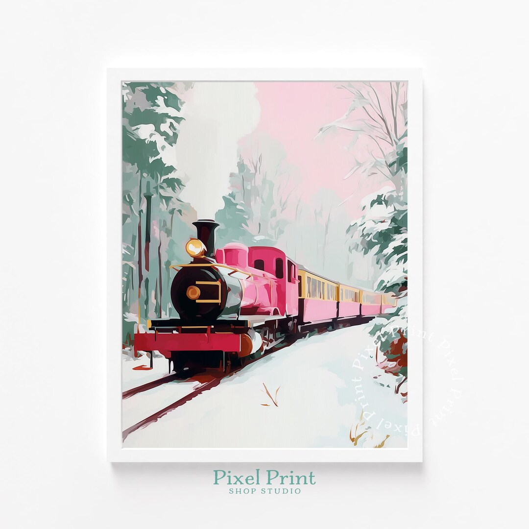 Pink Steam Locomotive Winter Art – Retro Train Scene (digital Print) - Etsy