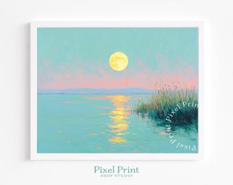 Escena costera iluminada por la luna en estilo cottagecore: paisaje sereno en tonos pastel, reflejo tranquilo de luna llena y juncos altos. Arte mural imprimible digital.