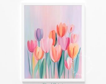 Pastel Painting Printable Tulip Bouquet - Soft Spring Wall Art, Feminine Florals in Pink and Peach, Minimalist Digital Art Download