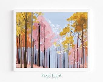 Escena de bosque primaveral: paisaje cottagecore, arte de árboles en tonos pastel, pintura de copas brillantes, decoración de granja moderna imprimible para descargar