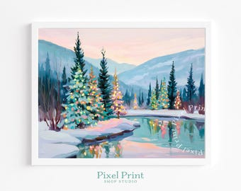 Christmas Tree Scene by Snowy Riverbank - Festive Winter Print, Lighted Trees Reflection, Cozy Pastel Watercolor, Holiday Printable Decor 29