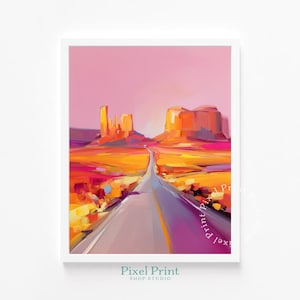 May include: An abstract landscape painting featuring a road leading towards orange and yellow rock formations under a pink sky. The artwork has a vibrant color palette with a focus on warm tones. The print is framed in a white border.