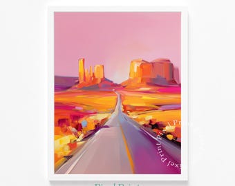 Camino abstracto brillante hacia Monument Valley: arte mural imprimible moderno del desierto del suroeste, paisaje cálido y soleado, arte digital audaz para descargar