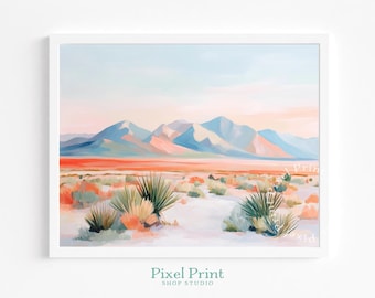 Paisaje desértico en tonos pastel: paisaje del suroeste de Nuevo México, montañas bajas y serenas, tonos terrosos, arte mural digital, decoración imprimible para el hogar.