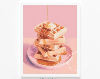 Cheerful Foodie Printable - Golden Waffles with Butter on Pink Plate, Playful Kitchen Wall Art, Modern Pastel Spring Decor, Instant Download