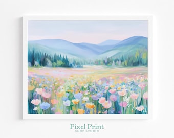 Watercolor-Inspired Pastel Wildflower Meadow Painting - Cottagecore Landscape Art, Spring Printable Wall Art, Tranquil Farmhouse Decor