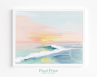 Pastel Sunrise Over Ocean Printable Wall Art - Tranquil Coastal Scene, Serene Watercolor Landscape, Minimalist Beach Decor, Digital Download
