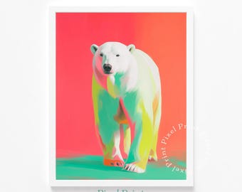 Gewagter Eisbär Kunst zum ausdrucken - Retro Pop-Art Stil, bunte Bär Illustration, moderne Wanddekoration, spielerischer Download, Mid-Century-Flair