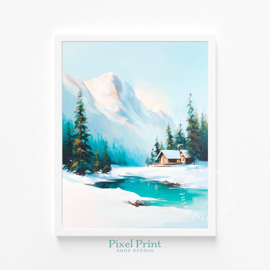 Snowy Mountain Log Cabin Painting - Printable Rustic Winter Landscape ...