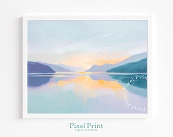 Amanecer sereno sobre el lago McAllister: arte acuático de una mañana tranquila, acuarela suave, tonos pastel, decoración descargable e imprimible.