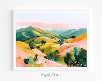 Rolling Pastoral Hills Printable Art - Cottagecore Farmhouse Wall Décor, Sunrise Pastoral Landscape, Cozy Country Scene, Instant Download