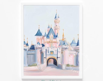 Dreamy Sleeping Beauty Castle Art - Fairytale Pastel Painting, Printable Nursery Decor, Soft Pink and Blue Disney-Inspired Wall Art Download
