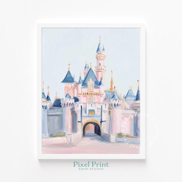 Dreamy Sleeping Beauty Castle Art - Fairytale Pastel Painting, Printable Nursery Decor, Soft Pink and Blue Disney-Inspired Wall Art Download