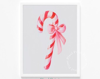 Printable Cute Candy Cane with Pink Bow Watercolor Art - Pastel Holiday Decor, Sweet Festive Wall Art, Minimalist Digital Download 158