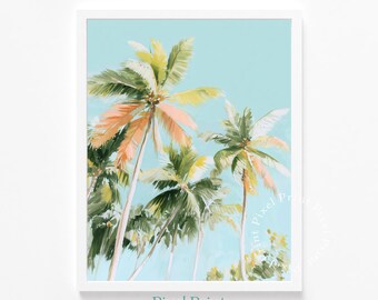 Tropical Palm Tree Printable, Summer Gouache Palm Painting, Coastal Art Print, Airy Bright Wall Decor, Coral and Aqua Digital Download