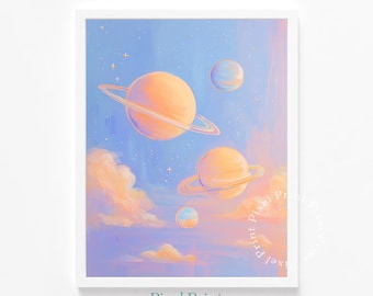 Dreamy Pastel Planetary Landscape Printable - Cute Celestial Art, Soft Pastel Planets with Rings, Dreamscape Sky, Digital Download Decor