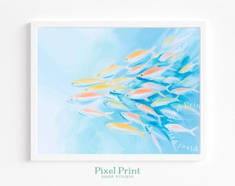 Lively School of Fish Swimming - Coastal Nautical Wall Art, Calming Beachy Decor, Modern Ocean Scene, Printable Acrylic Painting Download