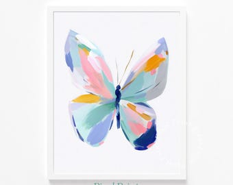 Arte moderno de mariposas pastel: linda pintura de mariposa rosa, azul y amarilla, decoración minimalista para habitación infantil, obra de arte divertida, imprimible digitalmente.