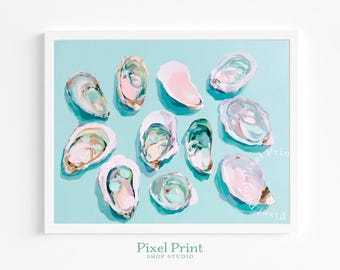 Printable Coastal Oyster Shell Art - Beachy Pastel Painting, Feminine Mint & Aqua Decor, Modern Seaside Style, Digital Wall Art Download
