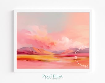 Paisaje abstracto al atardecer en tonos pastel imprimible: arte mural de estilo impresionista, escena romántica nocturna inspirada en Monet, descarga de arte digital