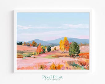 Impresión de paisaje otoñal en tonos pastel: árboles otoñales vintage, arte cottagecore, campos ondulados, paisaje acogedor, decoración imprimible, descarga instantánea